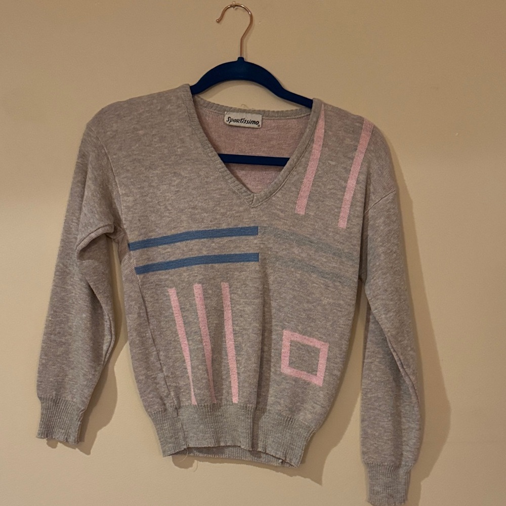 Sweet Dreams Gray V-Neck Sweater with Pink and Blue Accents